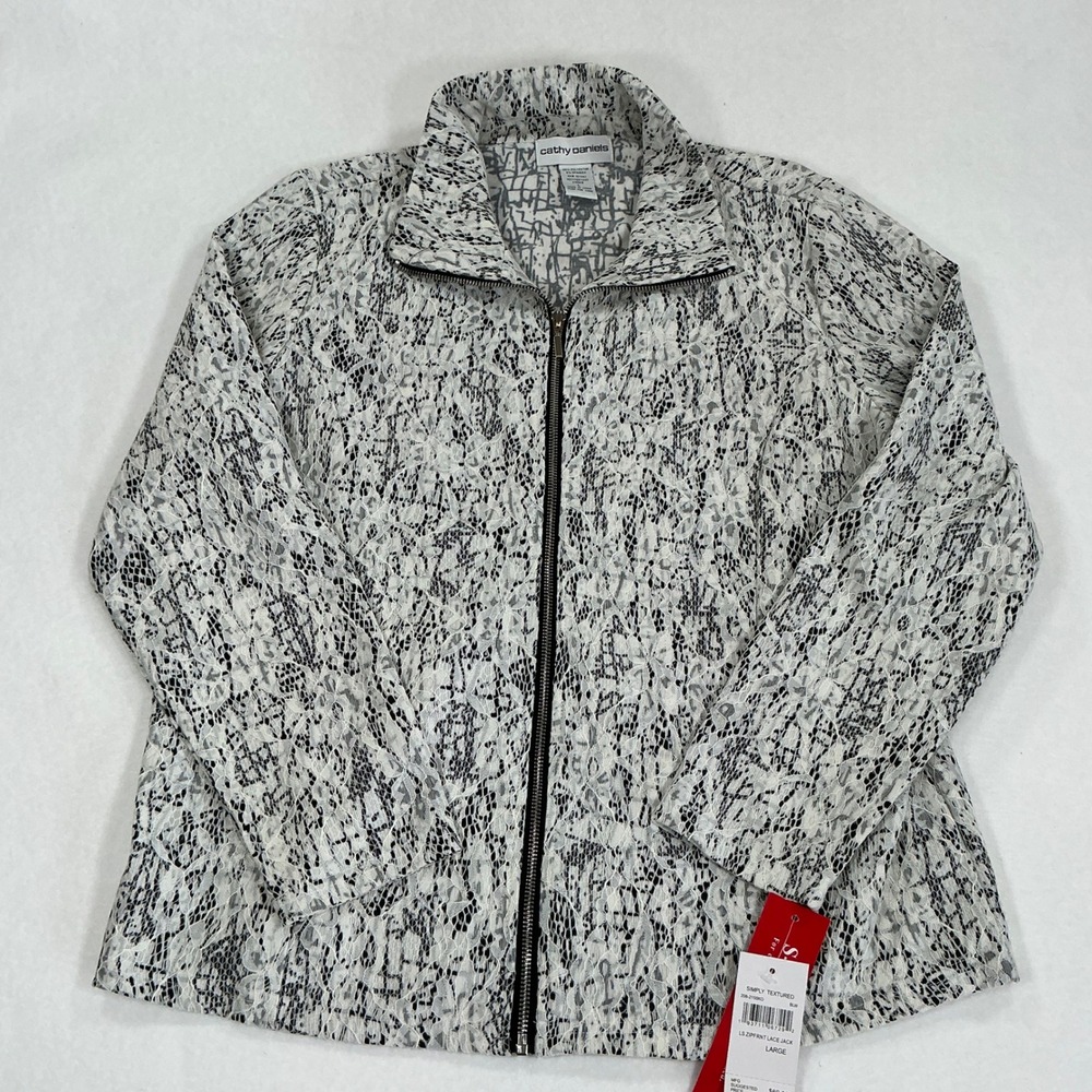 Cathy Daniels Womens Large Black White Floral Lace Zip Front Stretch Jacket NWT